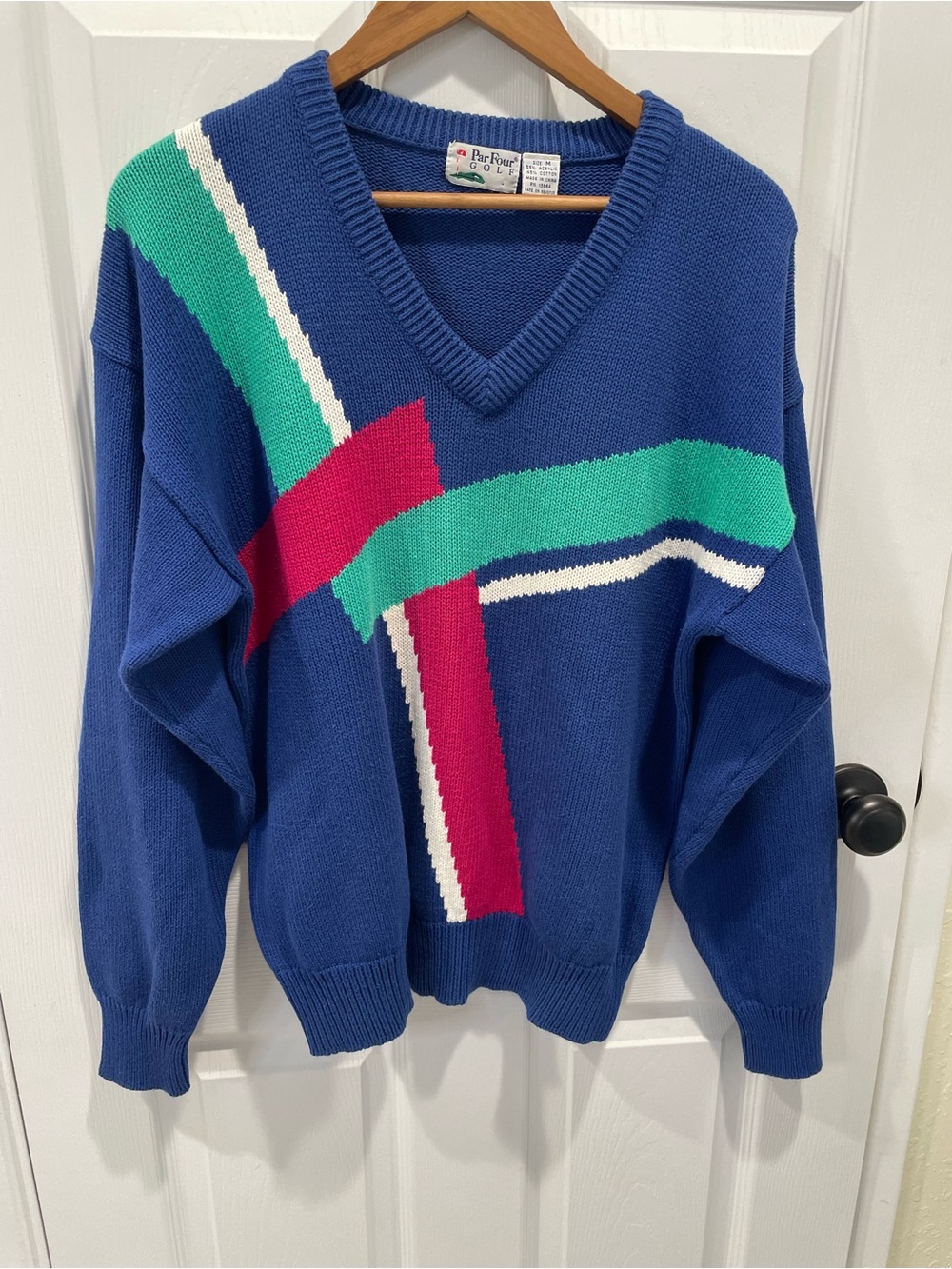 Vintage 80s Par Four Golf Sweater V-Neck Geometric Abstract Knit M